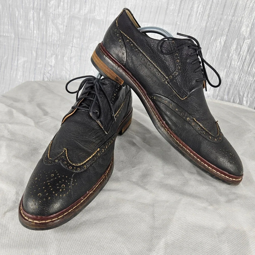 Cole Haan Grand.OS Men's 9.5 Black Pebbled Leather Wingtip Oxford Dress Shoes